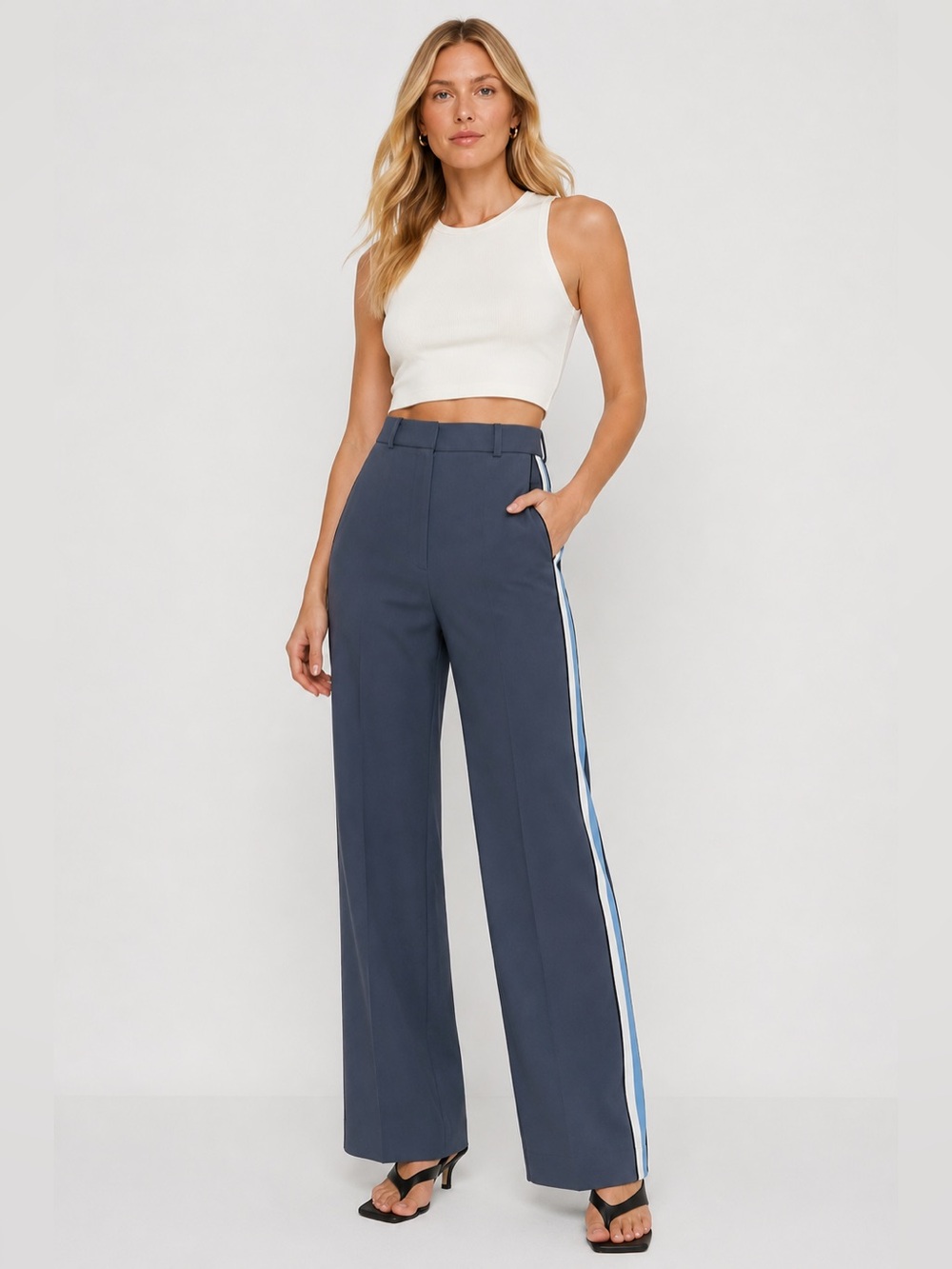 Aritzia Babaton Agency Blue Gray High Rise Trouser Pants w White Side Stripe 6